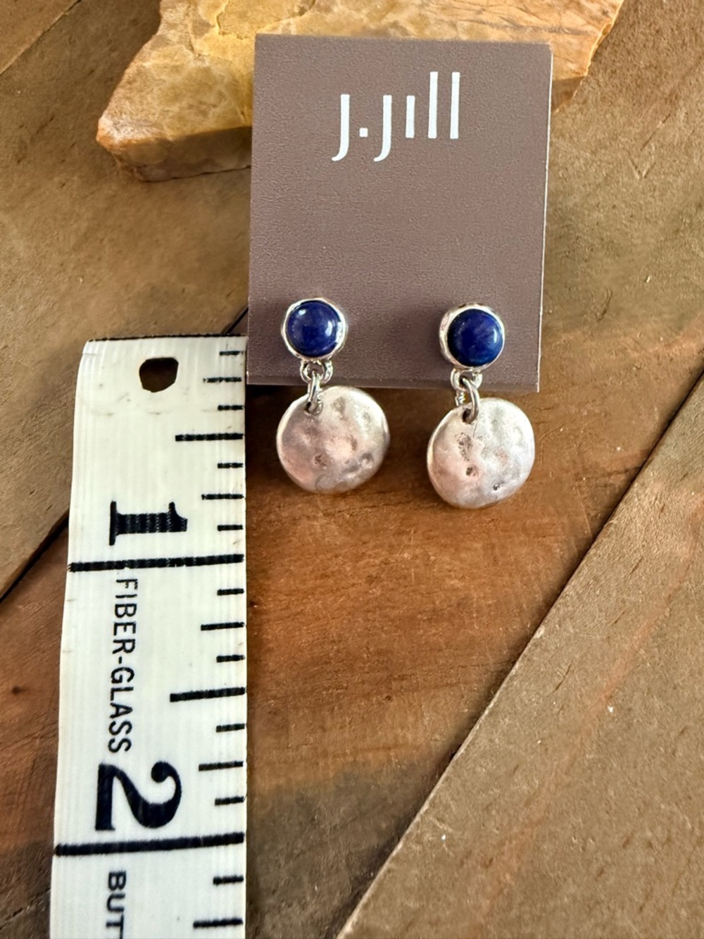J.Jill Blue Stone Drop Earrings Silver Hammered Disc Dangle Boho Chic - Picture 5 of 5